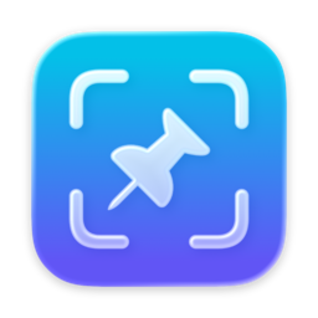 Shotlet app icon: a cyan-to-indigo rounded square with white capture brackets around a pin